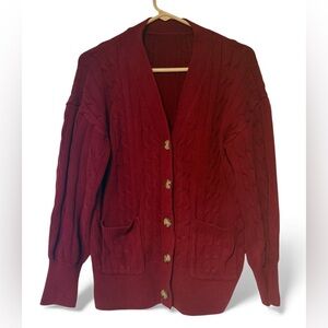 Mr.Rogers Cable Knit Button Down cardigan Burgundy Sweater M/L Pockets Academia